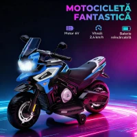 AIYAPLAY Motocicletă Electrică pentru Copii cu Roți Ajutătoare, Oglinzi și Suporturi pentru Picioare, din PP și Metal, 85.5x44.5x56 cm, Albastră(m-4)