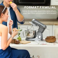 HOMCOM Robot pâtissier 1300 W, robot pétrin professionnel 4,5 L, bol d'acier inoxydable, 6+P vitesses et pulse, argent(m-8)