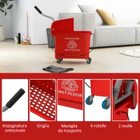 HOMCOM Carrello Pulizie Carrello Lavapavimenti con Strizzatore 60x27x70.5cm Rosso(m-8)