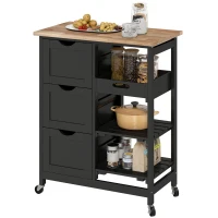 HOMCOM Rolling Kitchen Island Cart, Bar Serving Cart, Compact Trolley on Wheels with Wood Top, Shelves & Drawers for Home Dining Area, Black(m-11)