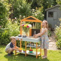 AIYAPLAY Matschküche Kinder Outdoor Spielküche Holz mit Herd Abnehmbarer Spüle Regalen für Kinder von 3-8 Jahren, Hellblau(m-2)
