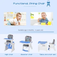 HOMCOM 2 in 1 Convertible Baby High Chair Toddler Table Chair Infant Feeding Seat Removable Food Tray Safety Harness Blue(m-4)