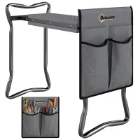 Outsunny Tabouret de Jardin Pliable 2 en 1, Coussin en Mousse EVA et 4 Poches à Outils Amovible, Charge 150kg, 58x28x49cm, Gris(m-16)
