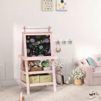AIYAPLAY 3 in 1 Kids Easel Double-Sided Magnetic Whiteboard and Chalkboard with Paper Roll, Storage Baskets - Pink(m-10)