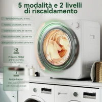 HOMCOM Mini Asciugatrice Portatile 2.5kg, 5 Programmi, 800/400W, Carica Frontale, Impilabile/Parete/Autoportante, Bianco(m-4)