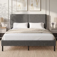 HOMCOM Cadre de Lit 140 x 190 cm avec Sommier et Tête Réglable, Lit Double Rembourré en Lin, Rangement au-dessous, Gris(m-14)
