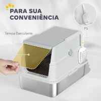 PawHut Caixa de Areia XL em Aço Inoxidável para Gatos, Fechada, com Tampa Rebatível, Bordo Alto, Pá e Sistema Anti-fugas, Cinzento-claro(m-7)