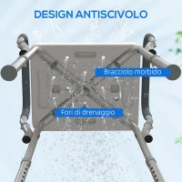 HOMCOM Sgabello per Doccia Regolabile con Braccioli e Fori di Drenaggio in Alluminio, 52x45x57-69 cm, Grigio(m-9)