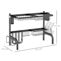HOMCOM Suport pentru Vase Modulabil de Chiuvetă cu 2 Niveluri, Picioare Antialunecare, din Oțel, 65x31,5x52,5 cm, Negru(m-3)