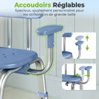 HOMCOM Tabouret de douche chaise de douche ergonomique avec accoudoirs, dossier, hauteur et siège réglables, bleu(m-4)