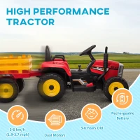 HOMCOM Ride On Tractor, Battery Powered Electric Car, with Detachable Trailer, Remote Control, Music - Red(m-8)