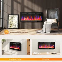 HOMCOM Cheminée électrique mural ou encastrable 900W/1800W, effet flamme à 12 couleurs 5 luminosités, 106,7x9,4x47cm, noir(m-9)