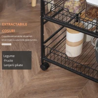 HOMCOM Cărucior Auxiliar cu Roți de 3 Nivele Cărucior de Bucătărie cu 2 Coșuri și 4 Cârlige 60x38x85,5 cm Maro Rustic(m-5)