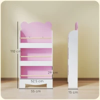 AIYAPLAY Bibliotecă pentru copii cu 3 rafturi, în formă de ursuleț cu bariere frontale, 55x15x110 cm, roz(m-3)