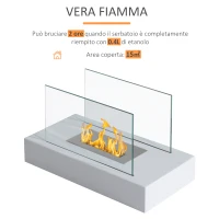 HOMCOM Camino a Bioetanolo da Tavolo 830 W Bruciatori senza Residui Inodore In Acciaio Inox con Vetro 35x18x21 cm Bianco(m-4)