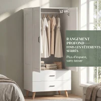 HOMCOM Armoire chambre penderie 2 portes à fermeture douce, 2 tiroirs et barre de suspension, 80x54x180cm, blanc(m-4)