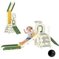 AIYAPLAY Faltbare 5-in-1 Kleinkinderrutsche mit Kletterelement, Basketballkorb, Stauraum und Basketball für Kinder von 1-3 Jahren, Cremeweiß(m-11)