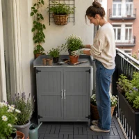 Outsunny Tuinkast, buiten gereedschapskast met werkblad, hout en roestvrij staal, dubbele deuren, Grijs(m-2)