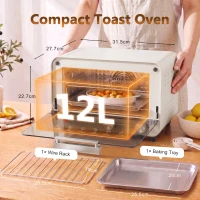 HOMCOM Mini Oven, Small Toaster Oven with Glass Door, Adjustable Temperature and Timer, Accessory Included, 750W, Cream White(m-3)