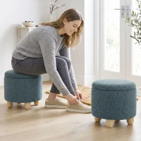 HOMCOM Storage Sitting Bench with Lid, Round Storage Ottoman with Rubberwood Legs, Dark Blue(m-8)