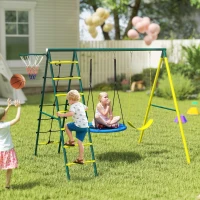 Outsunny Baloiço Infantil 4 em 1 com Baloiço Ninho e Individual Rede de Escalada Cesto de Basquetebol Escada Amarelo(m-9)