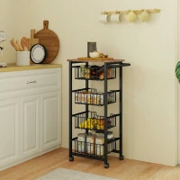 HOMCOM Cărucior de Bucătărie cu 4 Coșuri Detasabile, Roți și Frâne, Oțel și Lemn, 49.5x31x91 cm, Stejar(m-8)