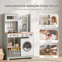 AIYAPLAY Cozinha de Brincar em Madeira com Lavandaria, Dispensador de Gelo, Gaveta em Tecido, Cabides e Acessórios em Aço Inoxidável, Verde(m-4)