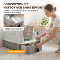 PawHut Bac à Litière pour Chat en Inox, Tiroir Coulissant, Couvercle Amovible, Pelle, Sacs Filtrants，Pédale, 60x40x45cm, Gris(m-4)