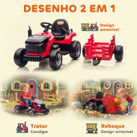 AIYAPLAY Trator Elétrico para Crianças com Reboque Desmontável Bateria 12V Velocidade 3-5 km/h Controle Remoto 2,4G 139x58x55 cm Vermelho(m-5)