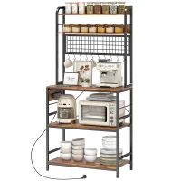 HOMCOM Raft de Bucătărie cu Stație de Alimentare și Rafturi Reglabile, Raft pentru Cuptor cu Microunde 5 Nivele cu Panou de Grilaj și 10 Cârlige, Dulap Vintage Structură din Oțel, 80x40x170 cm, Maro Rustic(m-12)
