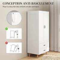 HOMCOM Armoire chambre penderie 2 portes à fermeture douce, 2 tiroirs et barre de suspension, 80x54x180cm, blanc(m-7)