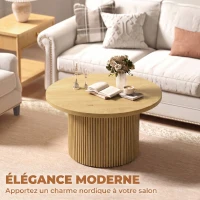 HOMCOM Table basse ronde en bois, table de salon avec piètement cannelé, style moderne, effet bois naturel(m-4)