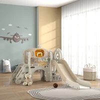 AIYAPLAY Kinder-Spielgerüst, 7-in-1 Rutsche, Indoor Spielplatz mit Stauraum und Krabbeltunnel, 186x153x111 cm, Cremeweiß(m-10)