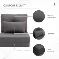 HOMCOM Fotoliu de podea cu pat pliabil, design 2 în 1, pernă detașabilă, 60 x 80 x 56 cm, Gri închis(m-5)