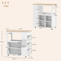 HOMCOM Carrello Isola da Cucina con Ripiani Regolabili, Portacoltelli e Piano in Legno, 86.5x47x88 cm, Bianco(m-3)