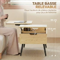 HOMCOM Table basse relevable avec double plateau, table de salon avec compartiment caché et pieds en métal, bois naturel(m-4)