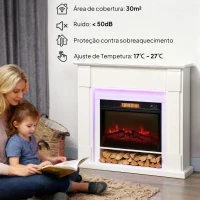 HOMCOM Lareira Elétrica com Efeito de Chama 3D e Tira de Luz LED RGB 1800W Temporizador  para 30 m² 105x27x97 cm Branca(m-7)