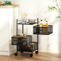 HOMCOM Carrello Cucina a 3 Livelli con Cestini in Metallo Girevoli, Ruote e Freno, 27.5x27.5x62 cm, Nero(m-10)