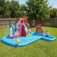 AIYAPLAY Castelo Insuflável Aquático com Insuflador 550W Escorrega Parede de Escalada Piscina Aro de Basquetebol Baliza de Futebol(m-10)