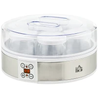 HOMCOM Aparat pentru iaurt 20W de 1.5L cu 7 borcane și afișaj cu butoane, din oțel inoxidabil și plastic, 24x24x13 cm, alb(m-12)