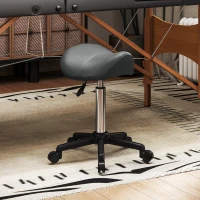 HOMCOM Sgabello Girevole a Sella con Ruote e Altezza Regolabile, Imbottito e Rivestito in Finta Pelle, Grigio(m-10)