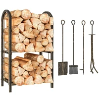 Outsunny Porta-Lenha Metálico de 2 Níveis com 4 Ferramentas para Lareira e Ganchos 43x30x74 cm Castanho Escuro(m-13)