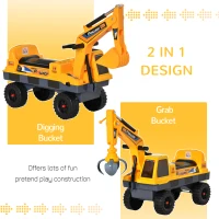 HOMCOM 2 in 1 Ride on Excavator Digger No Power Detachable Digging Bucket and Grab Bucket Music Light for 2-3 Years Old(m-7)