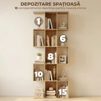 HOMCOM Bibliotecă cu 5 niveluri, verticală, design geometric cu 15 compartimente, modernă, compactă, pentru casă, birou, living, dormitor, 80 x 24 x 200cm, stejar(m-5)