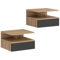 HOMCOM Juego de 2 Mesitas de Noche Flotantes, Mesillas de Noche Dormitorio con Cajón, Estante Abierto, Ahorra Espacio, Diseño Moderno, para Sala de Estar, 35x32x22,5 cm, Roble y Negro(m-11)