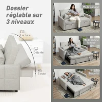 HOMCOM Canapé convertible 2 places 3 en 1, canapé-lit clic-clac, lit gigogne, dossier réglable, 158x85x85cm, marron clair(m-5)