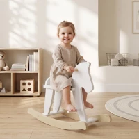 HOMCOM Cheval à Bascule en Bois - Jeu à Bascule Avec Poignées, Repose-Pied et Butées - MDF Contreplaqué Blanc et Bois Naturel(m-10)