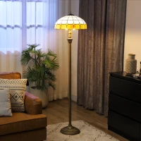 HOMCOM Tiffany-Style Floor Lamp with Handcrafted Stained Glass Shade, 152cm Tall Vintage Standing Lamp with Foot Switch and Dual Sockets for Living Room Bedroom, Bronze Tone and Orange(m-10)