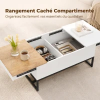 HOMCOM Table Basse Extensible avec Plateau Coulissant, Table de Salon avec Rangement Caché et Pieds en Acier, Blanc(m-5)
