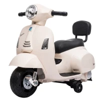 AIYAPLAY Mota Elétrica Infantil Mini Vespa GTS com 2 Rodas Auxiliares, Bateria de Lítio, Farol, Buzina e Encosto, Branco(m-1)
